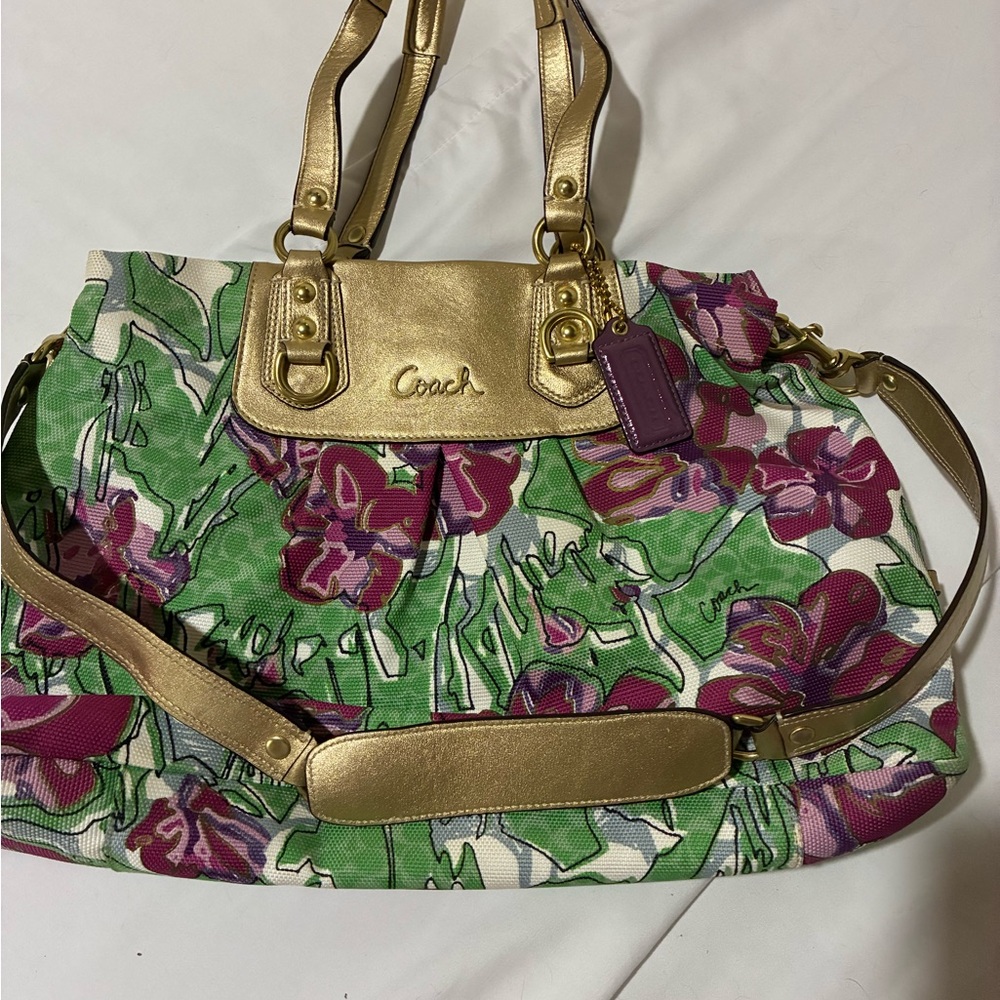 Coach Floral Shoulder Bag - Green, Purple, and Gold